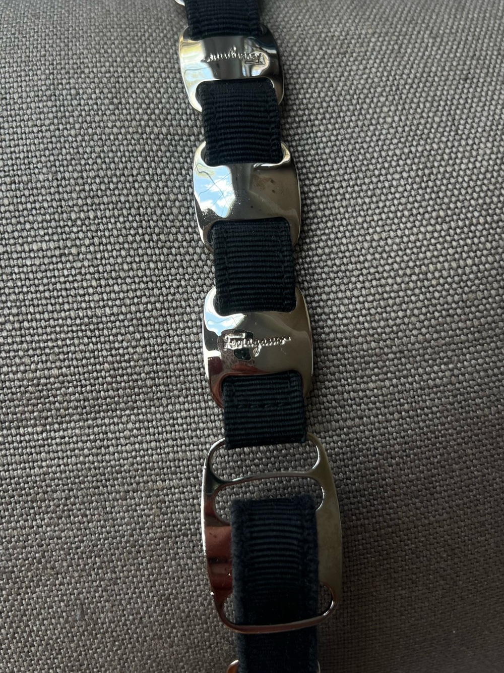 Salvatore Ferragamo Vara Chain Link Grosgrain Belt Black Silver Made in Italy
